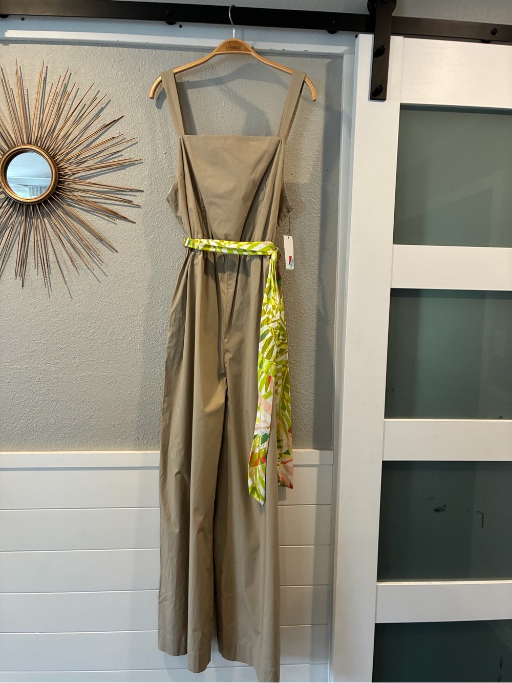 Halston Heritage Wide-Leg Jumpsuit in Khaki with Green Accent Scarf